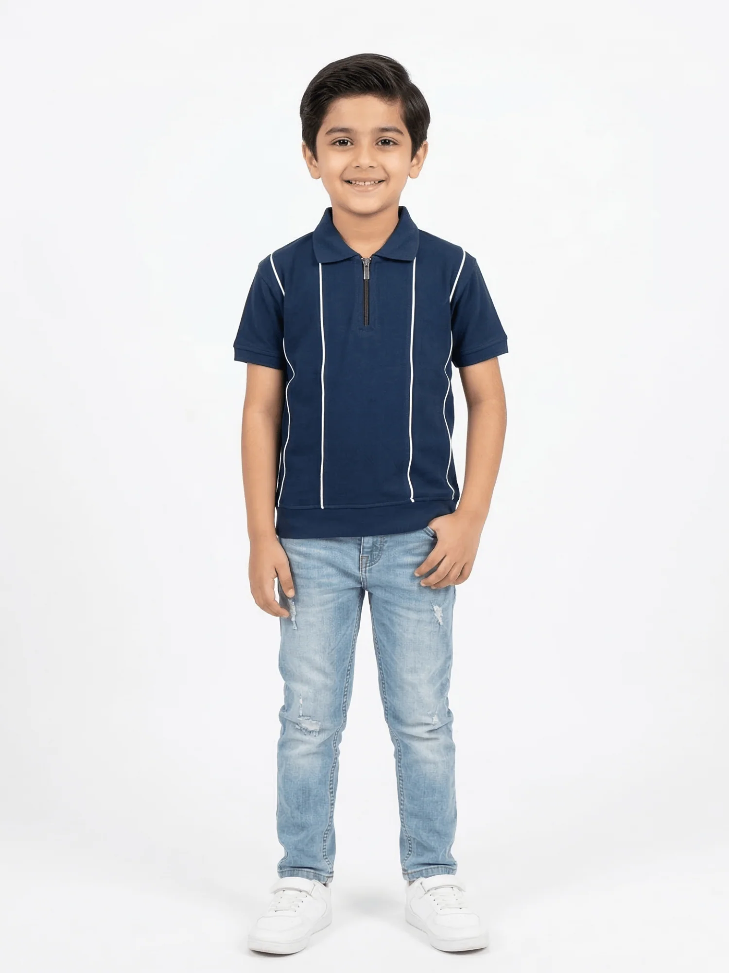 Boys Navy Striped Zip Polo Shirt VP23-A