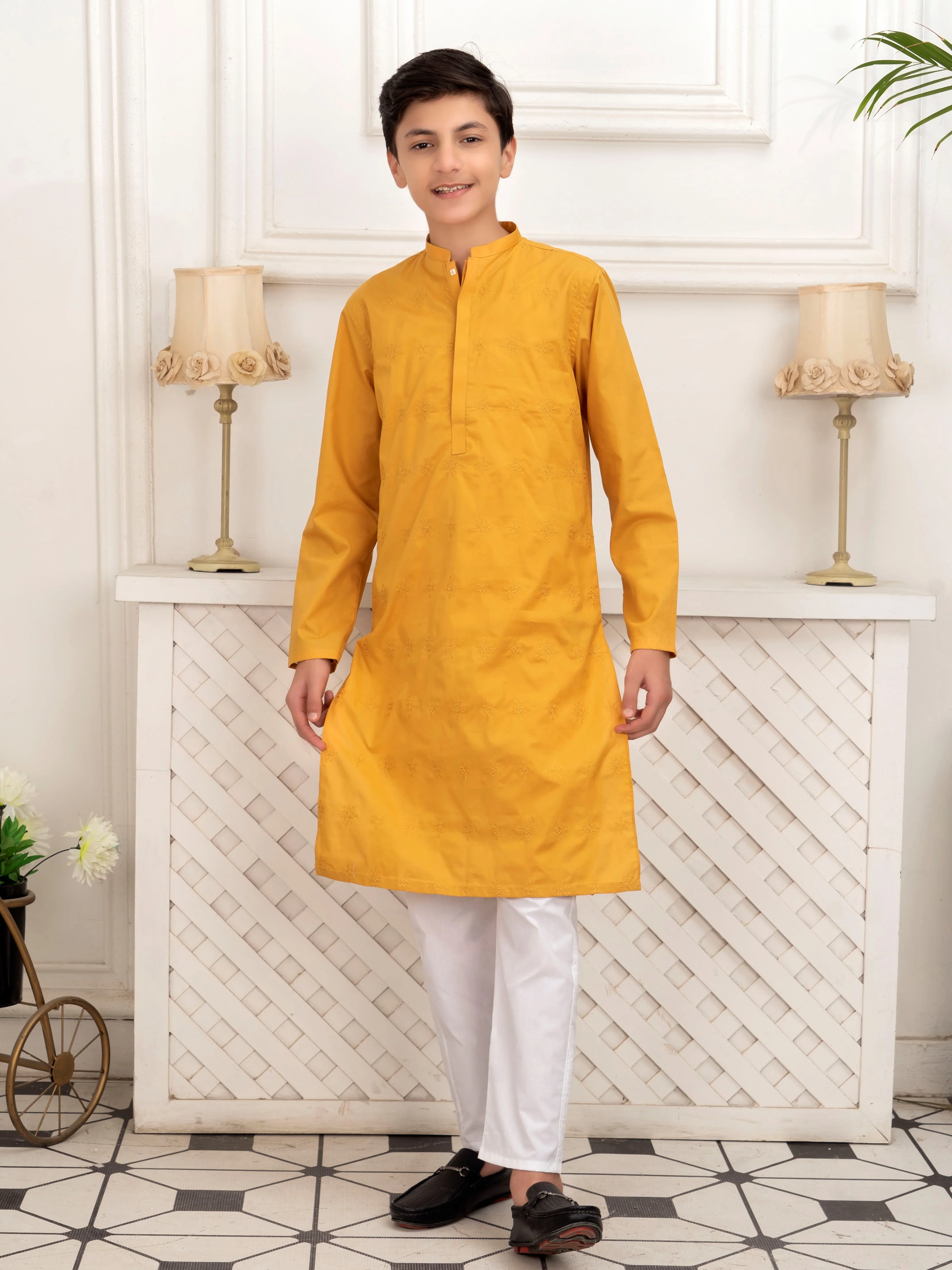 Boys Embroidered Kurta ART VB140 Mango Yellow