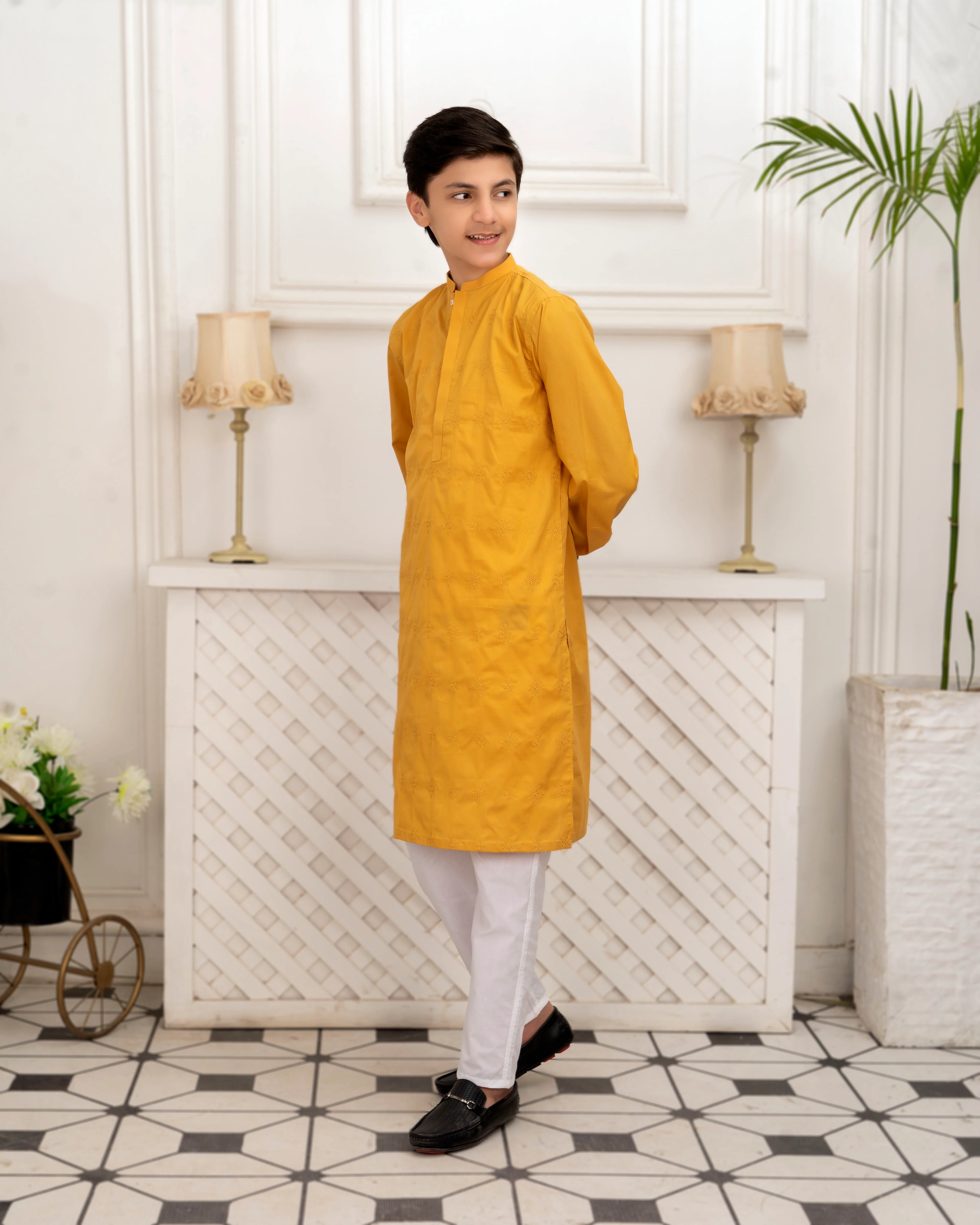 Boys Embroidered Kurta ART VB140 Mango Yellow - Image 4