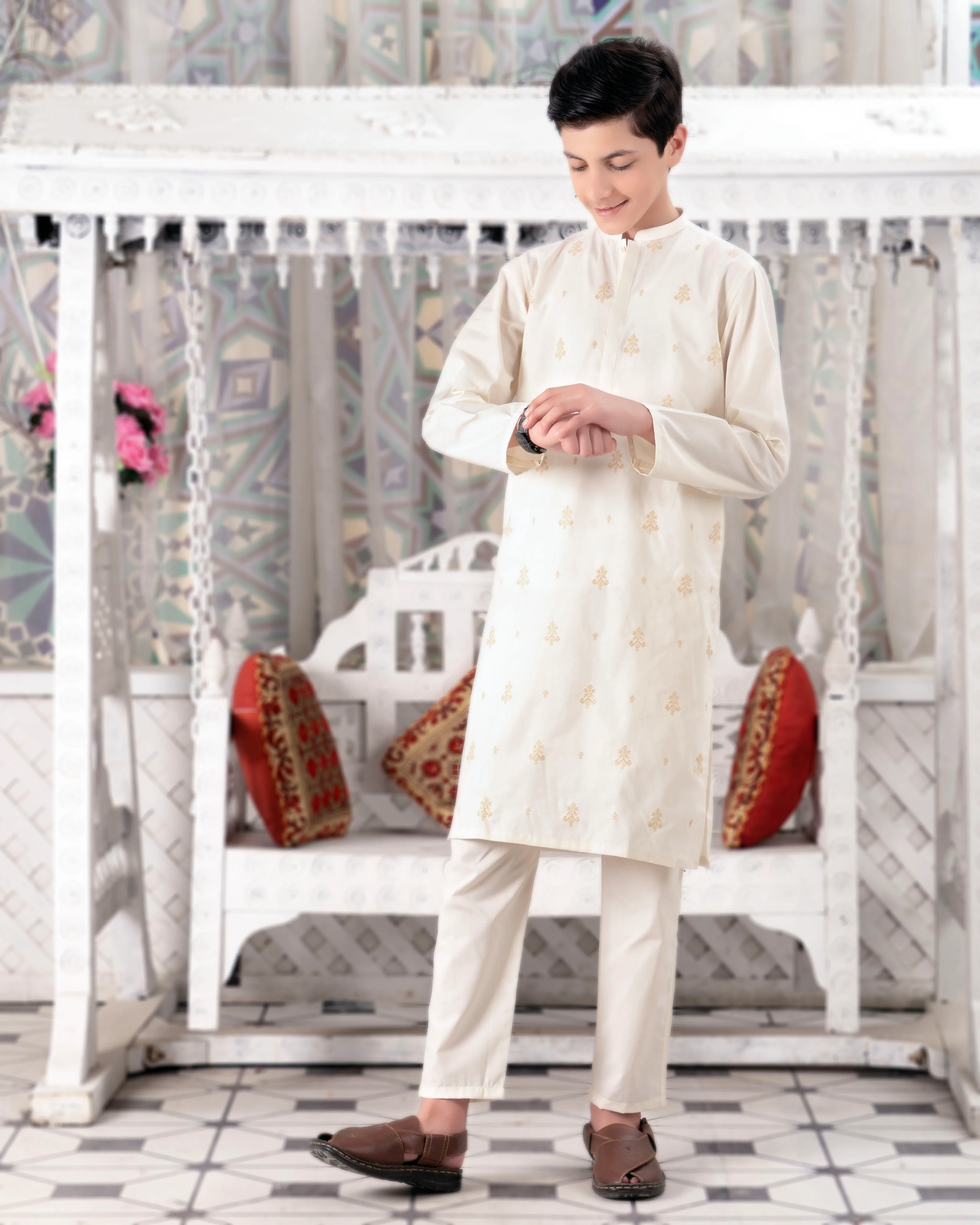 Boys Kurta Trouser Suit Set ART# VB139 off white - Image 4