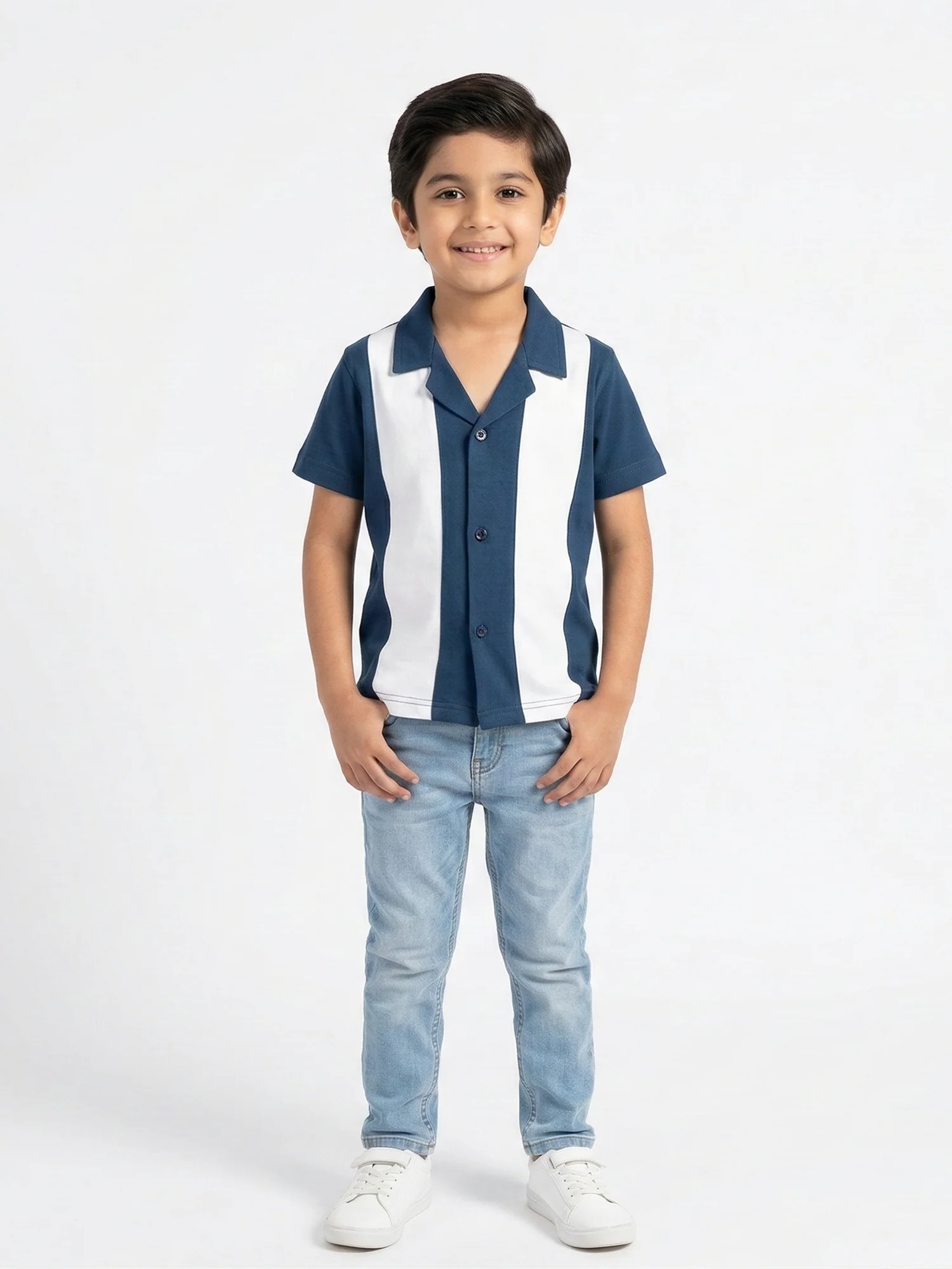 Boys Navy & White Panel Casual Shirt VP24-A